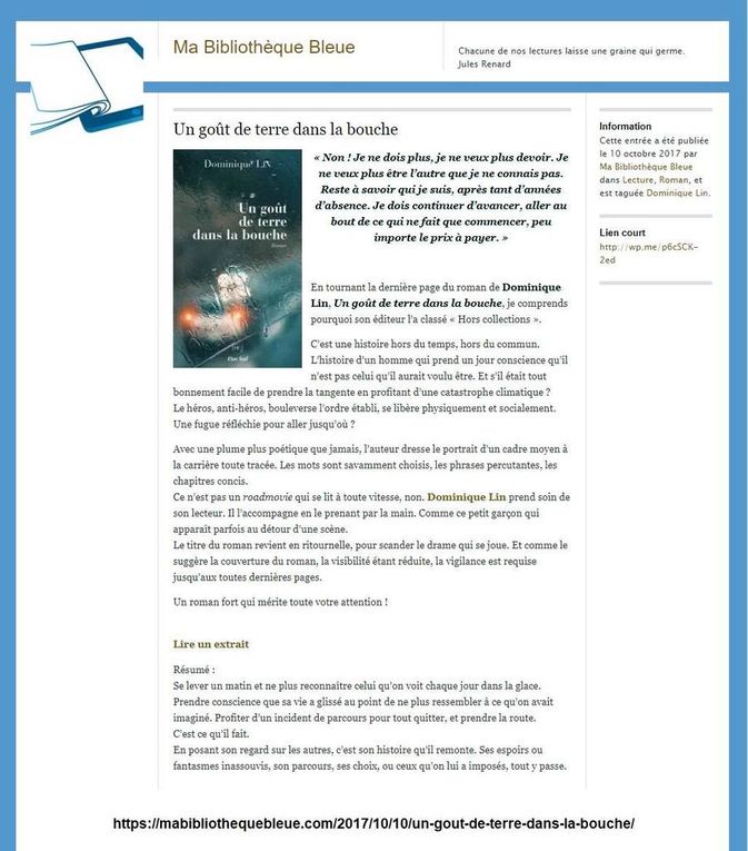 Un goût de terre dans la bouche, le 6e roman de Dominique Lin très remarqué