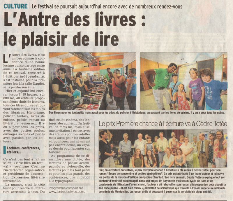 Remise officielle du Prix en présence des élus de la ville, Département et Région, du parrain de l'année (Yves Bichet) du proviseur du lycée de l'Arc et de Corinne Niederhoffer, présidente d'Expression Littéraires Universelles et éditrice (Elan Sud). Lecture d'un extrait du roman devant le public. Dédicace du roman pour les lecteurs, article de presse